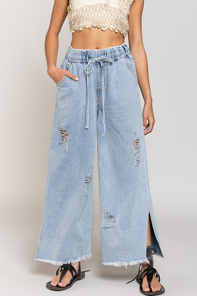 Distressed Wide-Leg Denim Pants