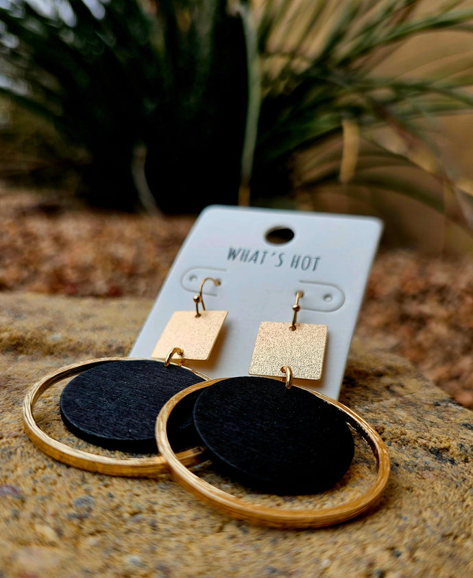 Gold Textured Square with Wood Circle Earring