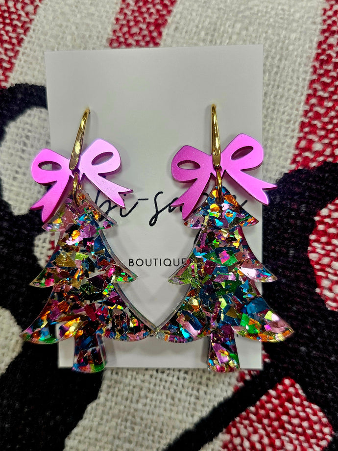 Christmas Tree Earrings/Party Glitter w/Bows