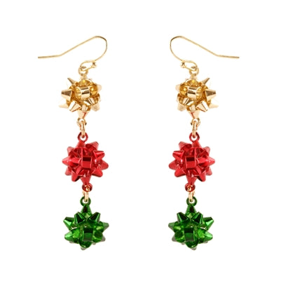 Gold, Red & Green Metal Bow Earring
