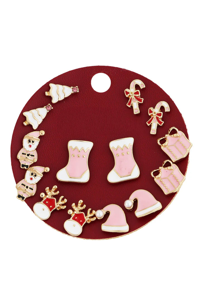 Pink Christmas Stud Earring Set (7-Piece)
