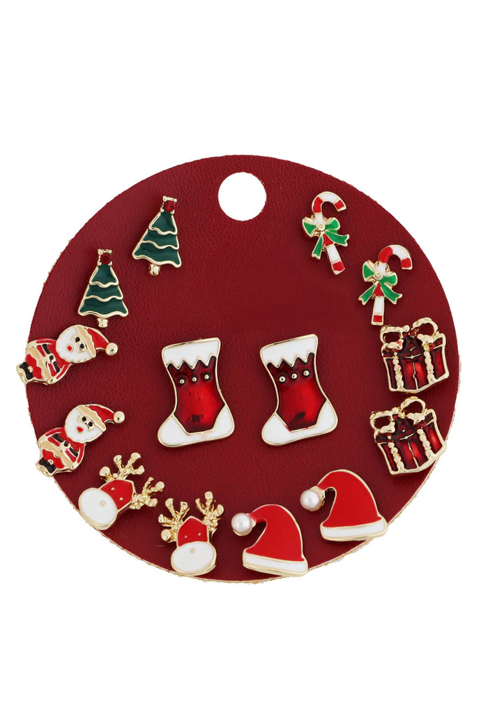Red Christmas Stud Earring Set (7-Piece)
