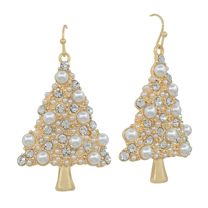 Gold Christmas Tree & Pearl Drop Earrings