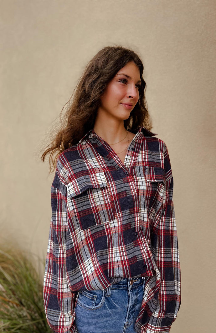 NAVY WASHED PLAID TOP