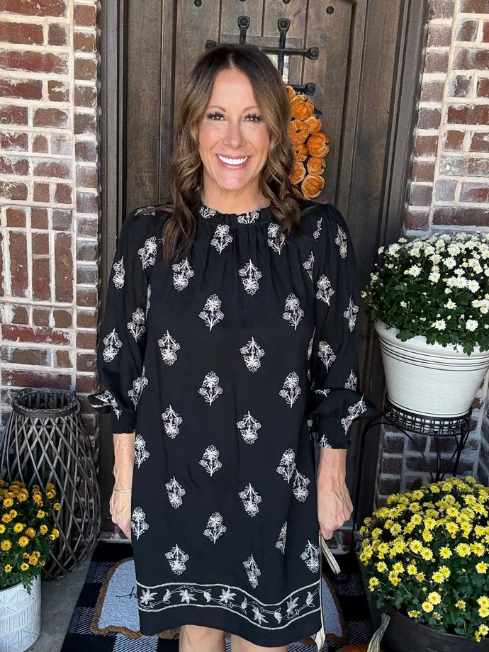 Embroidered Black Mini Dress