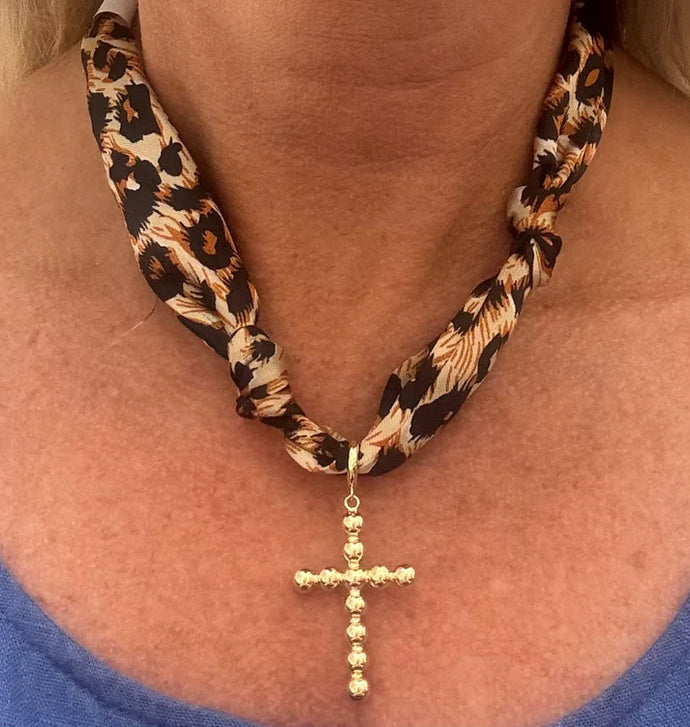 Cheetah Print Scarf Necklace with Cross Charm