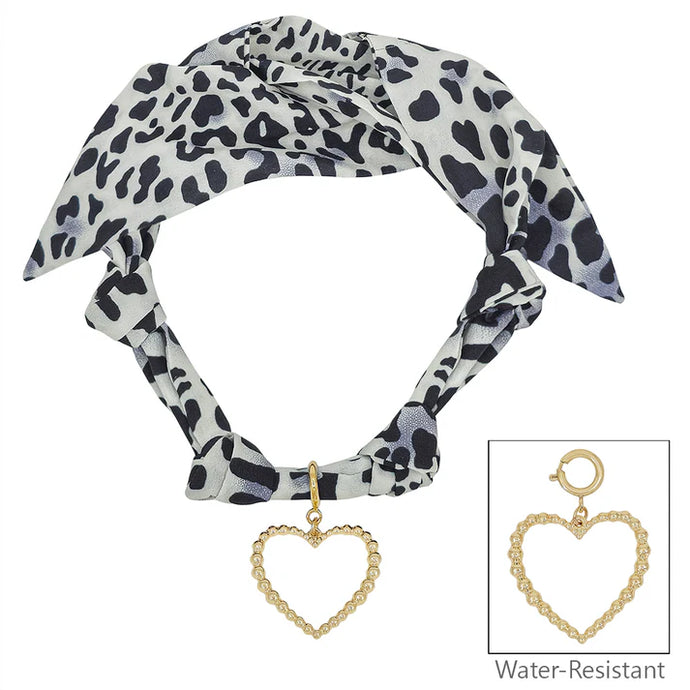 White Cheetah Print Scarf Necklace with Open Heart Charm